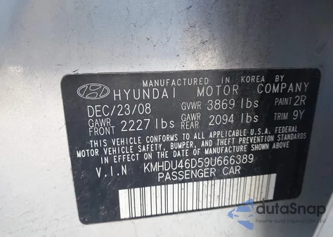 2009 Hyundai Elantra Gls z USA, uszkodzony, nr VIN KMHDU46D59U666389